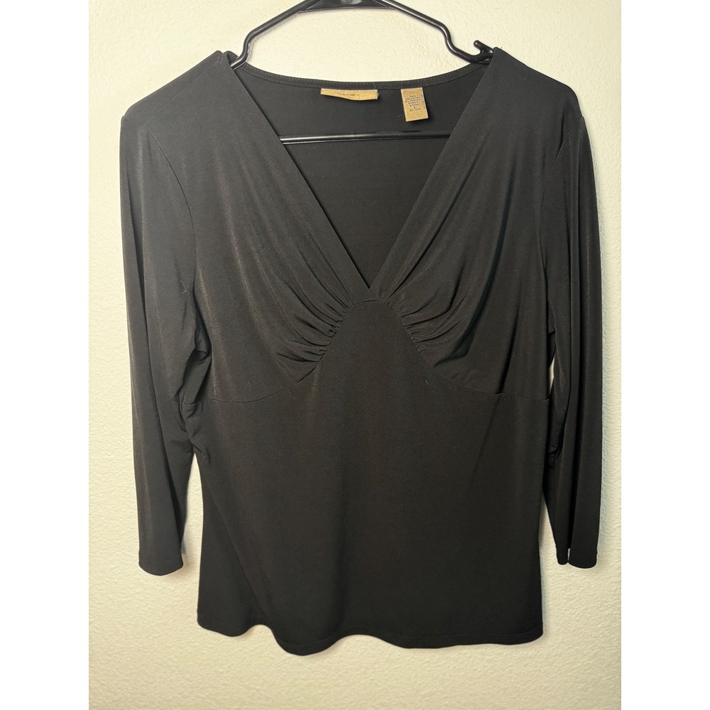 I.E. Y2k Black Preppy Office Ruched V Neck 3/4 Sleeve Top Womens Blouse Size S